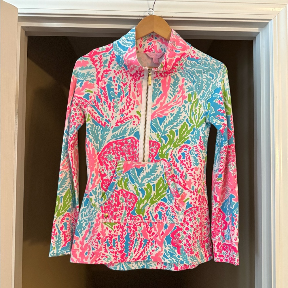 Lilly Pulitzer Skipper Popover in Original Turquoise “Let’s Cha Cha”, Size XS.